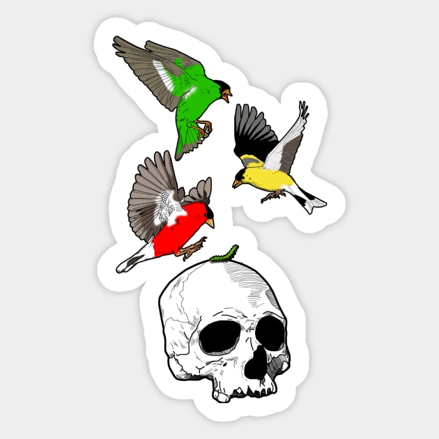 Bright Sparrows and a Skull Sticker by Harley Warren